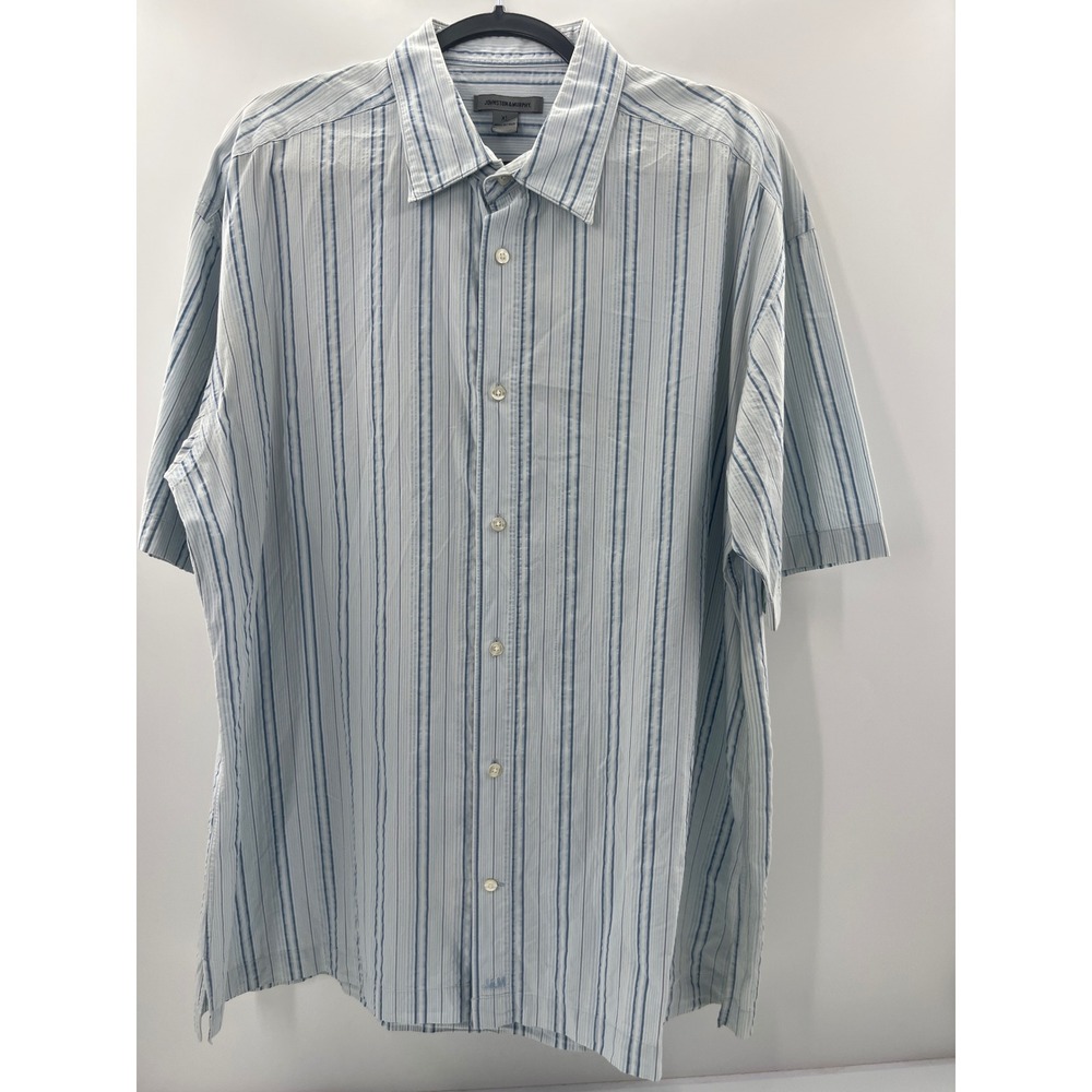 Johnston & Murphy Mens XL Blue White Striped Short‎ Sleeve Button Up Shirt